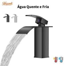 Heemli Torneira de Lavatório Inox Tipo Cascata Curva Baixa Preta de Água Quente e Fria para Banheiro
