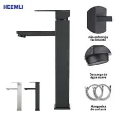 Heemli torneira banheiro inox monocomando Lavabo Saída Alta para Cuba Quadrado Pintura Preta Ajuste Água Quente Fria