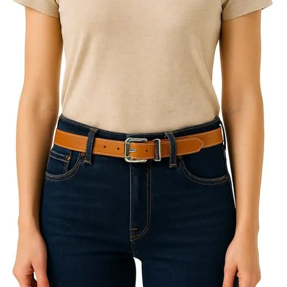Cinto Feminino de Couro Caramelo Fivela Quadrada Rolete e Passante Niquel 2 cm de Largura Moda