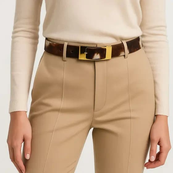 Cinto Feminino de Couro Legítimo Pelo Pônei 2 cm de Largura Fivela Dourada Moda Acessório Presente
