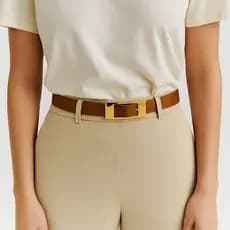 Cinto Feminino de Couro Legítimo Avelã 2 cm de Largura Fivela Dourada Moda Acessório Presente