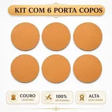 Kit 6 Porta Copos Bolacha 100% Couro Legítimo Premium Caramelo Descanso Vinho Bebida Bar Restaurante
