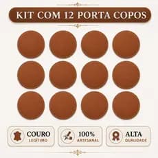Kit 12 Porta Copos Bolacha 100% Couro Legítimo Premium Marrom Claro Descanso Bebida Bar Restaurante