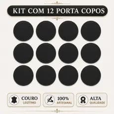 Kit 12 Porta Copos Bolacha 100% Couro Legítimo Premium Preto Descanso de Mesa Bebida Bar Restaurante