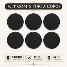 Kit 6 Porta Copos Bolacha 100% Couro Legítimo Premium Preto Descanso Cerveja Chopp Vinho Bebida Bar