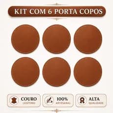 Kit 6 Porta Copos Bolacha 100% Couro Legítimo Premium Marrom Claro Descanso Cerveja Chopp Bebida