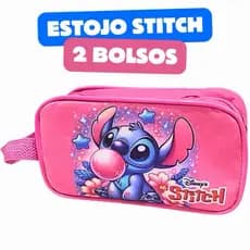 Estojo Escolar Infantil Menina Stitch 2 Compartimentos Grande Rosa