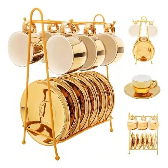 Jogo De 6 Xicaras Com Pires + Suporte Porcelana Dourada Luxo Cor Dourado Liso