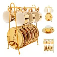Jogo De 6 Xicaras Com Pires + Suporte Porcelana Dourada Luxo Cor Dourado Liso