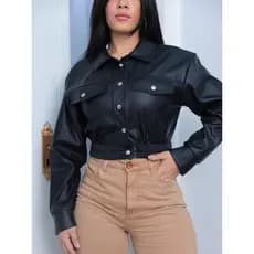 Jaqueta de Couro Fake Feminina Manga Longa