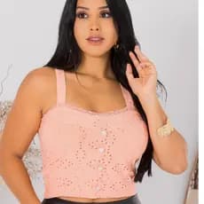 Blusinha Cropped Regata Lese com Bojo Verão Tecido Leve Detalhe em Botões Veste 36 ao 42