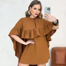 Conjunto Feminino Vestido com Poncho 2 Peças Tecido Duna Manga Ampla Elegante Confortavel