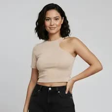 Blusinha Feminina Cropped Manga Única em Malha Canelada Veste 38 ao 42