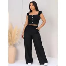 Conjunto Feminino Verão Top Cropped com Bojo e Calça Cargo