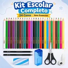 Kit Escolar 30 Peças Lápis de Cor 24 Cores Tesoura Borracha Apontador