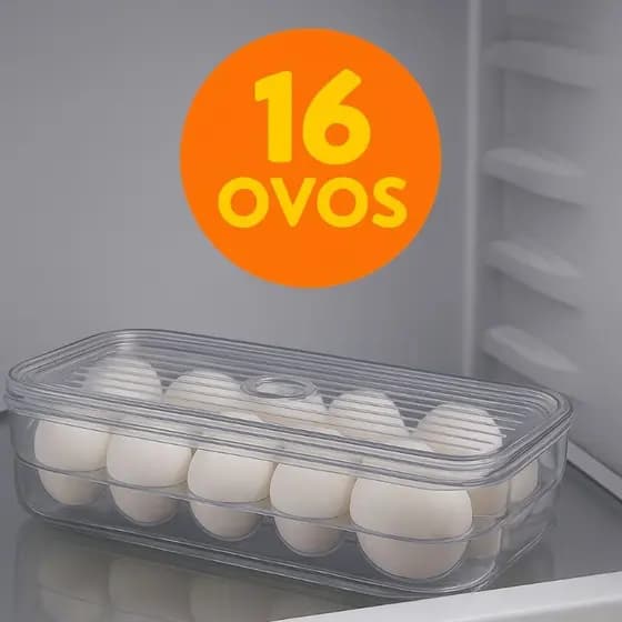 Porta Ovos Acrílico com Tampa 16 Und — Organizador Geladeira