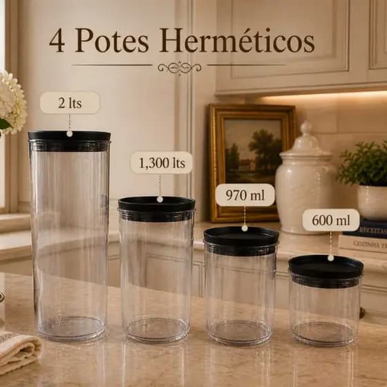 4 Potes Herméticos de Plástico Redondos com Tampa e Borracha de Vedação
