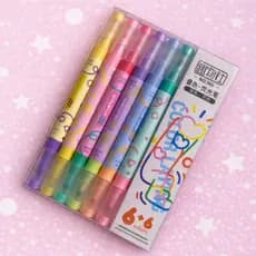 Kit 6 Canetas Marca-Texto Kawaii Color Laying - 12 Cores Ponta Dupla | Papelaria