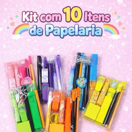 Kit Papelaria Fofa 10 Itens – Canetas Coloridas, Marca Texto, Lápis e Acessórios Escolares