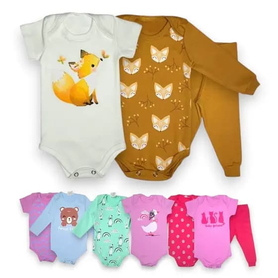 Kit Body Menina Longo Trijunto 3 peças – 1 Manga longa, 1 Manga curta e 1 calça Mijão Roupa de Bebe