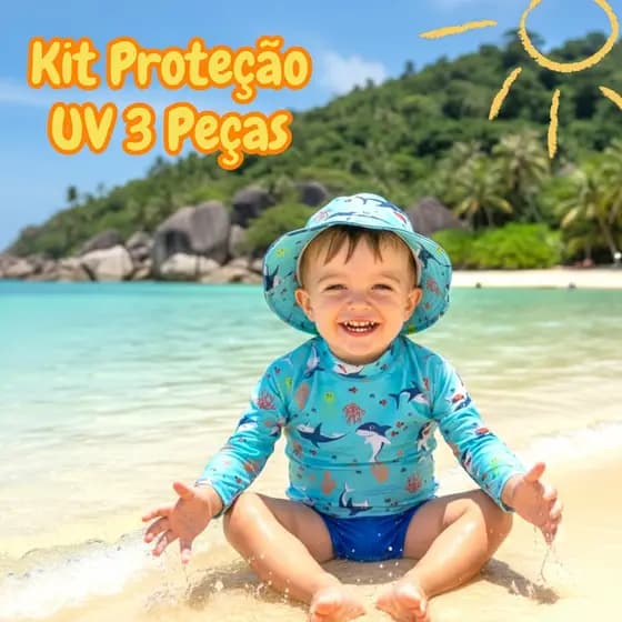 Kit 3 Peças Moda Praia. Blusa com Proteção Solar UV50 + Sunga + Chapéu Bebê e Infantil Meninos