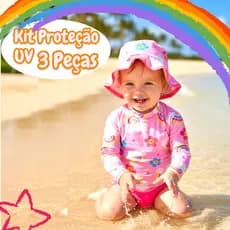 Kit 3 Peças Moda Praia. Blusa com Proteção Solar UV50 + Sunga + Chapéu Bebê e Infantil Meninas