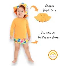 Kit 3 Peças PREMIUM Moda Praia. Blusa com Proteção Solar UV + Sunga + Chapéu Bebê e Infantil Meninas