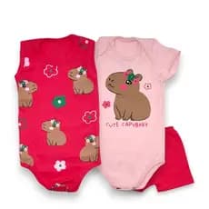 Body 3 peças Trijunto Verão Menina Tam RN ao GG, Body Manga curta, regata e shorts. Roupa de Bebe