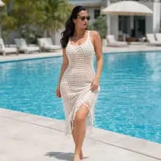 Saída de Praia Vestido Feminino Longo Verão Moda Praia Luxo Crochê Elegante Tamanho Único
