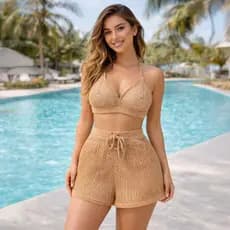 Conjunto saída de Praia Feminina Tricô Shorts e Top Biquíni Feminino Crochê Tendência Verão