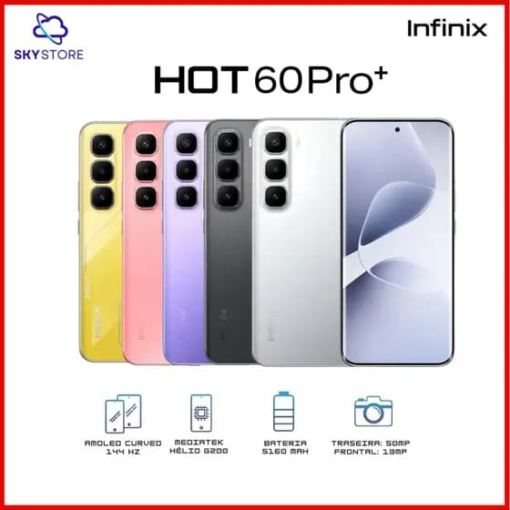 Infinix Hot 60 PRO+, Infinix Hot 50 PRO+, Tela Curva, 256GB + 8GB RAM, Versão Global, Lacrado, Original