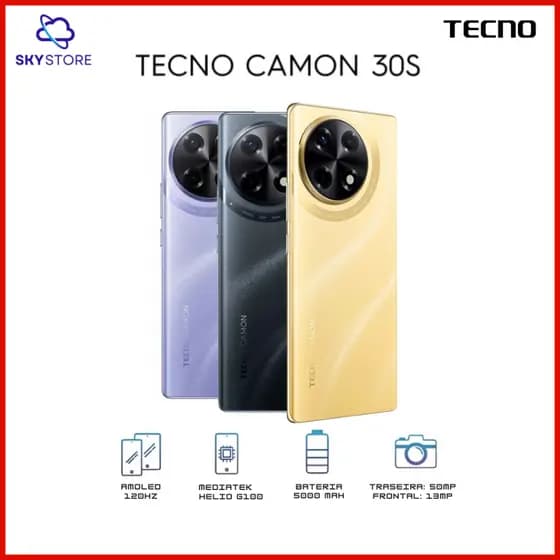 Tecno Camon 30S 4G 256GB/8GB RAM, Câmera de 50MP, Processador Mediatek Hélio G100, Bateria 5000mAh Versão Global