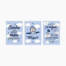 Kits 3 Quadros Decorativos para quarto de bebê Ursinho Aviador c/ Nome Personalizado Azul MDF