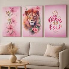 QUADRO DECORATIVO KIT 3 PEÇAS LEÃO COR DE ROSA FLORES FRASE FILHA DO REI - DECORAÇÃO 4K FULL HD