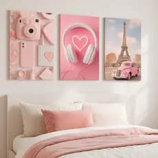 Kit 3 Peças Quadro Decorativo Good Vibes Garotas Cor de Rosa Decoração Quarto Menina Placa MDF 4K HD