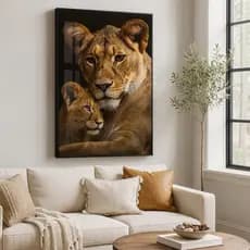 QUADRO DECORATIVO PEÇA ÚNICA LEOA E SEU FILHOTE REFLEXO JANELA DECORAÇÃO INTERIOR PLACA MDF 4K FULL