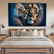 QUADRO DECORATIVO PEÇA ÚNICA CASAL LEÃO E LEOA JESUS FUNDO PRETO SOMRA AZUL 4K FULL HD PLACA MDF