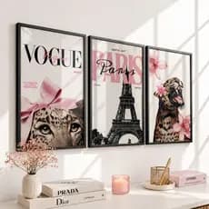 Kit 3 Peças Quadro Decorativo Cidade Paris Torre Eiffel Onça Pintada Chic Decoração Quarto/Sala