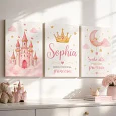 Kit 3 Peças Quadro Decorativo Infantil Nome Personalizado Sonhe Alto Pequena Princesa Cor de Rosa