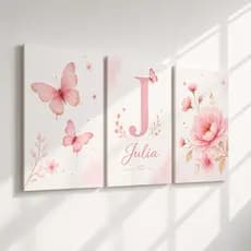 Quadro Decorativo Kit 3 Peças Letra e Nome Personalizado Cor de Rosa Borboletas Delicadas Infantil