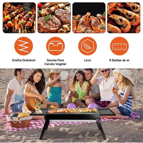 🔥 Churrasqueira Portátil a Carvão Dobrável com Gaveta de Carvão | Grelha Inox | Ideal para Camping, Praia e Quintal