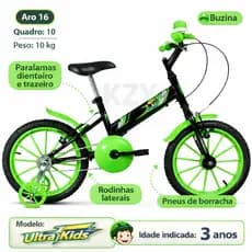 Bicicleta Infantil Ultra Kids T Menino Preto Verde Aro16 Com Rodinha Bike Ultrabike Guri Masculino