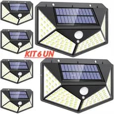 Luminária Solar De Parede Refletor 100 Led Sensor Presença Movimento Prova D' Água Com 3 Funções