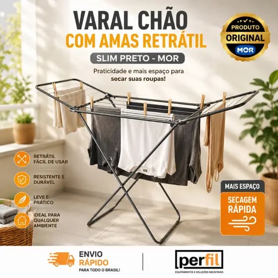 Varal de Chão com Abas Slim Preto Mor varal de chão grande varal de chao varal de roupa de chão MOR