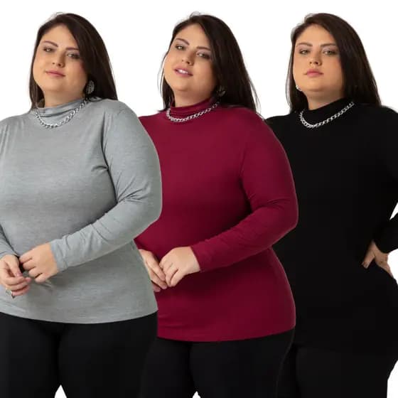 Kit 3 Blusas Cacharrel Gola Alta De Viscolycra Moda Feminina Plus Size 1130-KIT3-C4