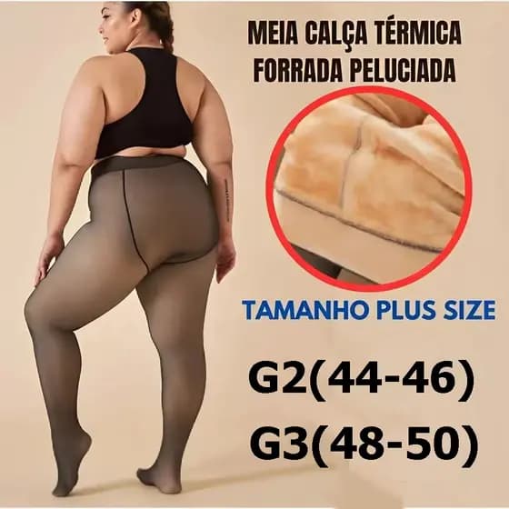 Meia-Calça Térmica Plus Size GG-GGG Forrada Peluciada Translúcida de Lã Feminina Super Elástica Slim