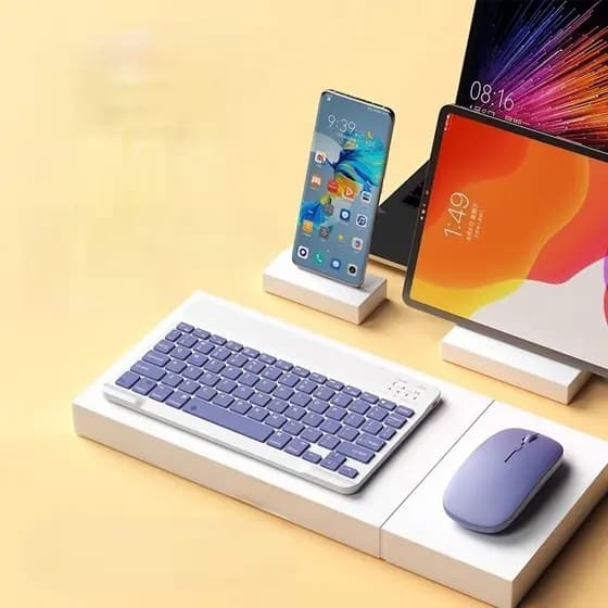 Kit de Teclado e Mouse Sem Fio Bluetooth Macaron com Design Moderno Destinado a PC iPad Tablet e Notebook