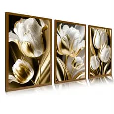 Quadros Decorativos Arte Floral Tulipa Brancas Marrom Dourado Sala Hall
