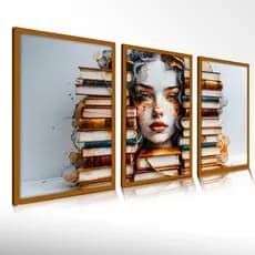 Quadro Decorativo Mulher Livros Colorido Elegante Escritório Sala
