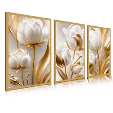 Quadros Decorativos Flores Tulipas Brancas Douradas Decoração Sala Quarto Hall